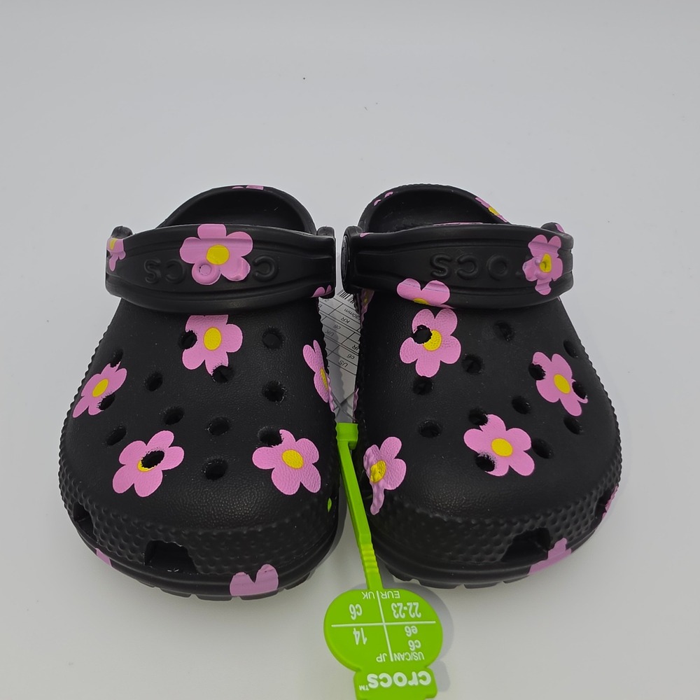 Crocs Classic Flower Clog T Black Pink Floral Toddler Shoes C6 212671-001 NWT